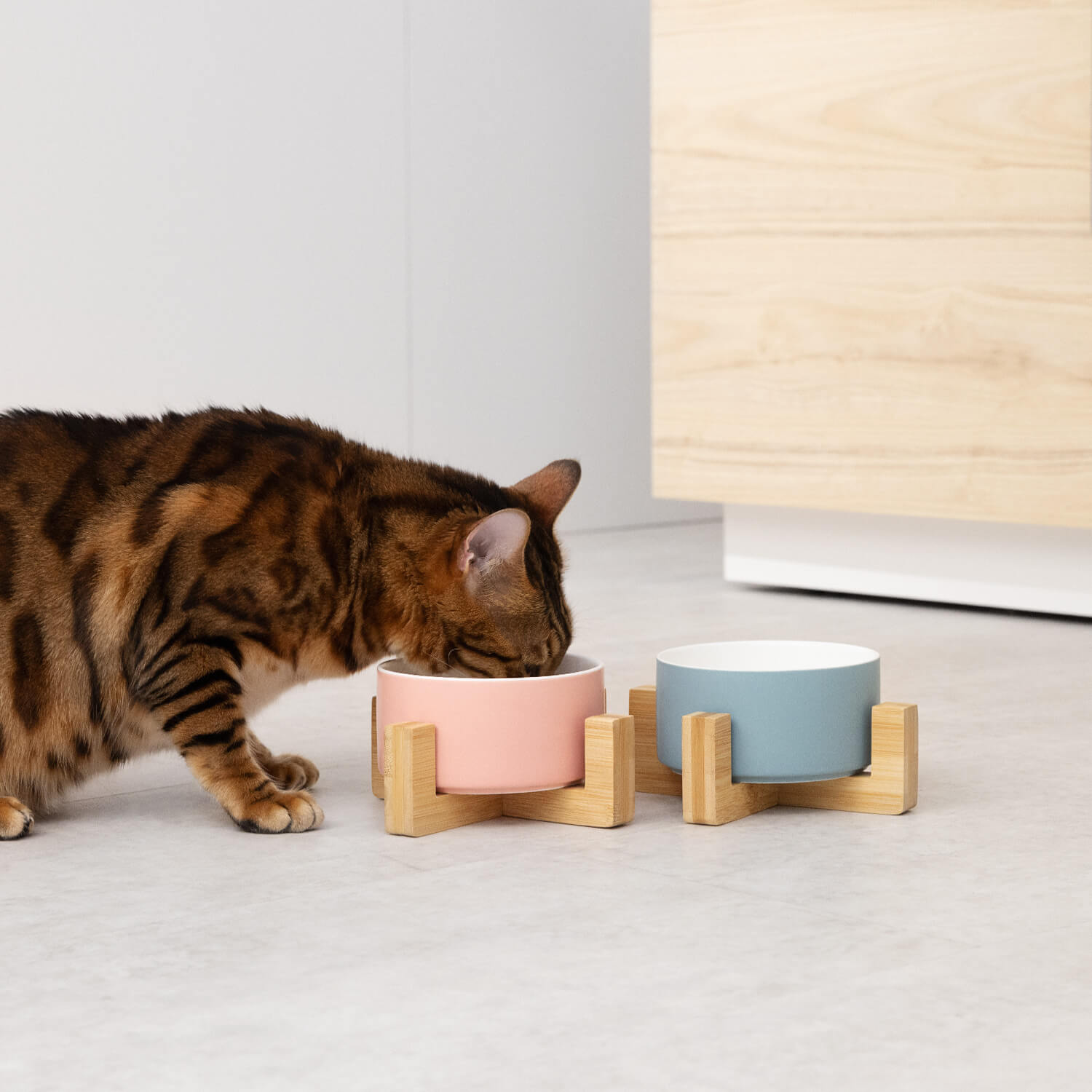 Navaris Σετ με 2 Κεραμικά Μπολ Φαγητού και Νερού 550ml με Βάση από Μπαμπού για Κατοικίδια - Blue - Pink - 55428.1.33