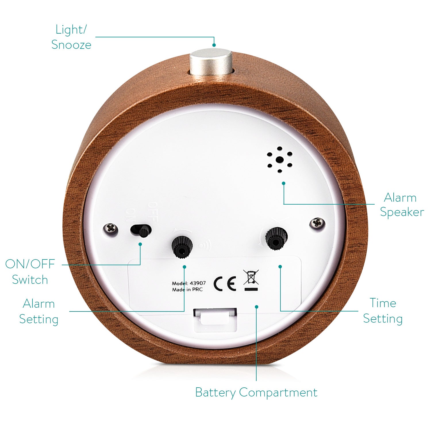 Navaris Analogue Wood Alarm Clock Design Round - Αναλογικό Επιτραπέζιο Ρολόι και Ξυπνητήρι - Dark Brown - 43907