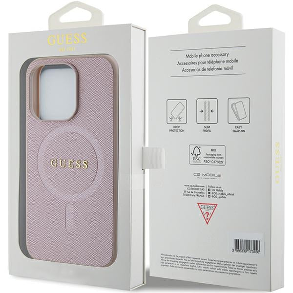 Guess iPhone 15 Pro Max Saffiano MagSafe Σκληρή Θήκη με Πλαίσιο Σιλικόνης και MagSafe - Pink - GUHMP15XPSAHMCP