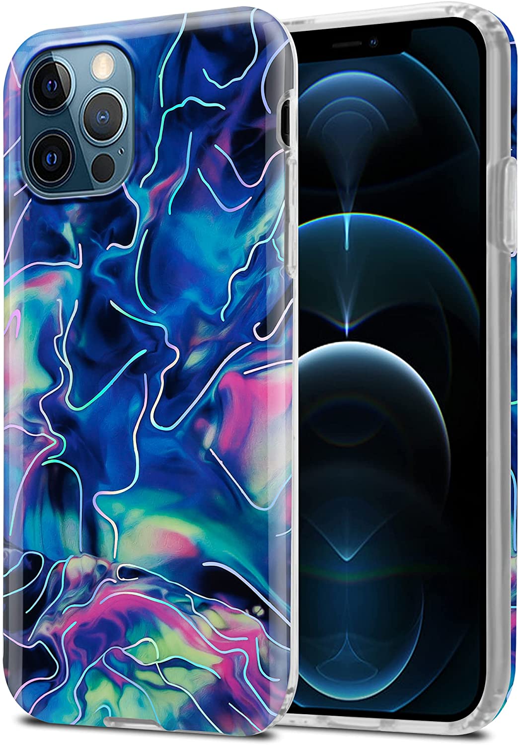 Cadorabo iPhone 12 Pro Max Θήκη Σιλικόνης TPU - Design Marble No.17 Mosaic Pattern - Blue / Pink / Marble