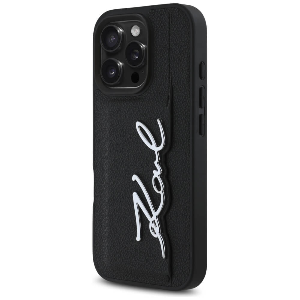 Karl Lagerfeld iPhone 16 Pro - HC Grained PU Cardslot Metal Signature - Σκληρή Θήκη με Επένδυση Συνθετικού Δέρματος και Υποδοχή για Κάρτες - Black - KLHCP16LPGPVKSK
