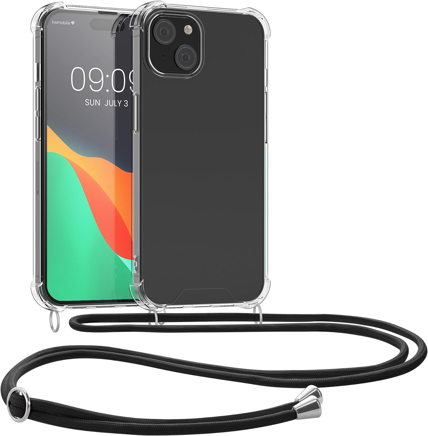 KW iPhone 15 Plus Θήκη Σιλικόνης TPU με Λουράκι - Διάφανη / Black - 62034.01