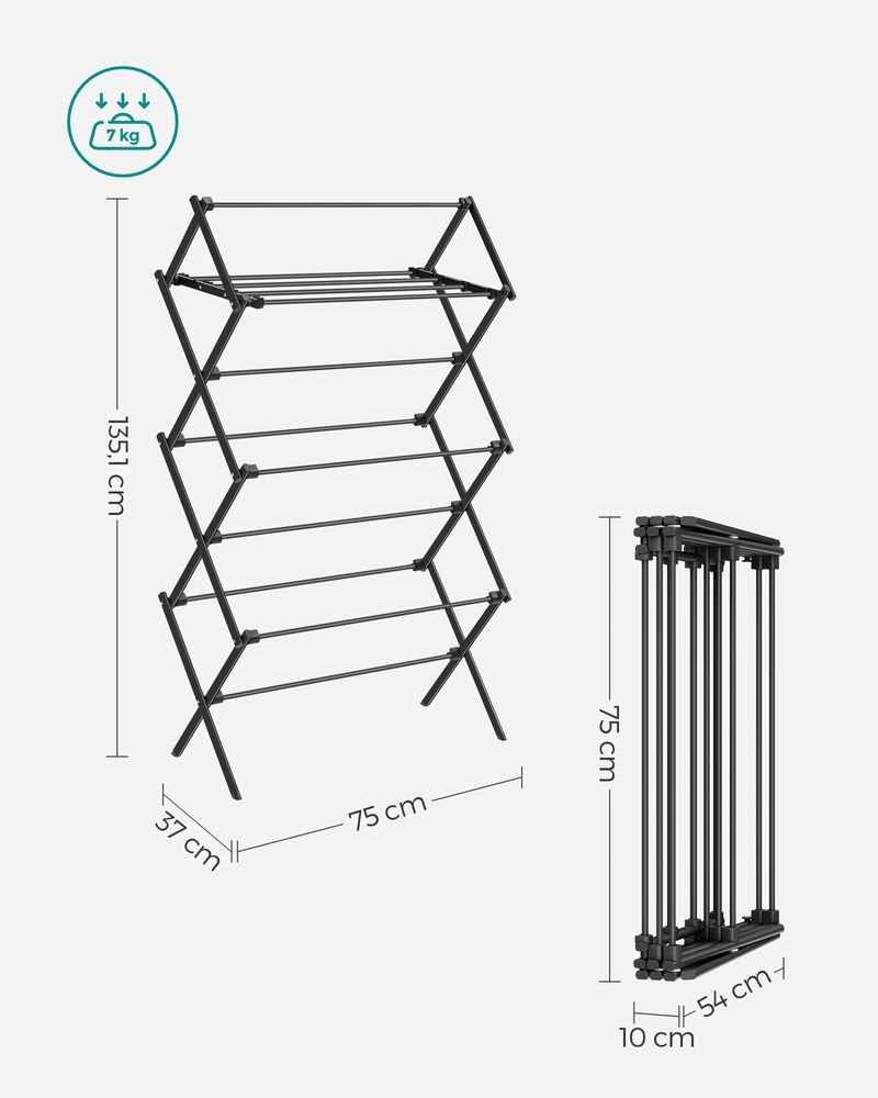 Songmics Πτυσσόμενη Μεταλλική Απλώστρα Ρούχων - 37 x 75 x 135.1 cm - Black - LLR770B01