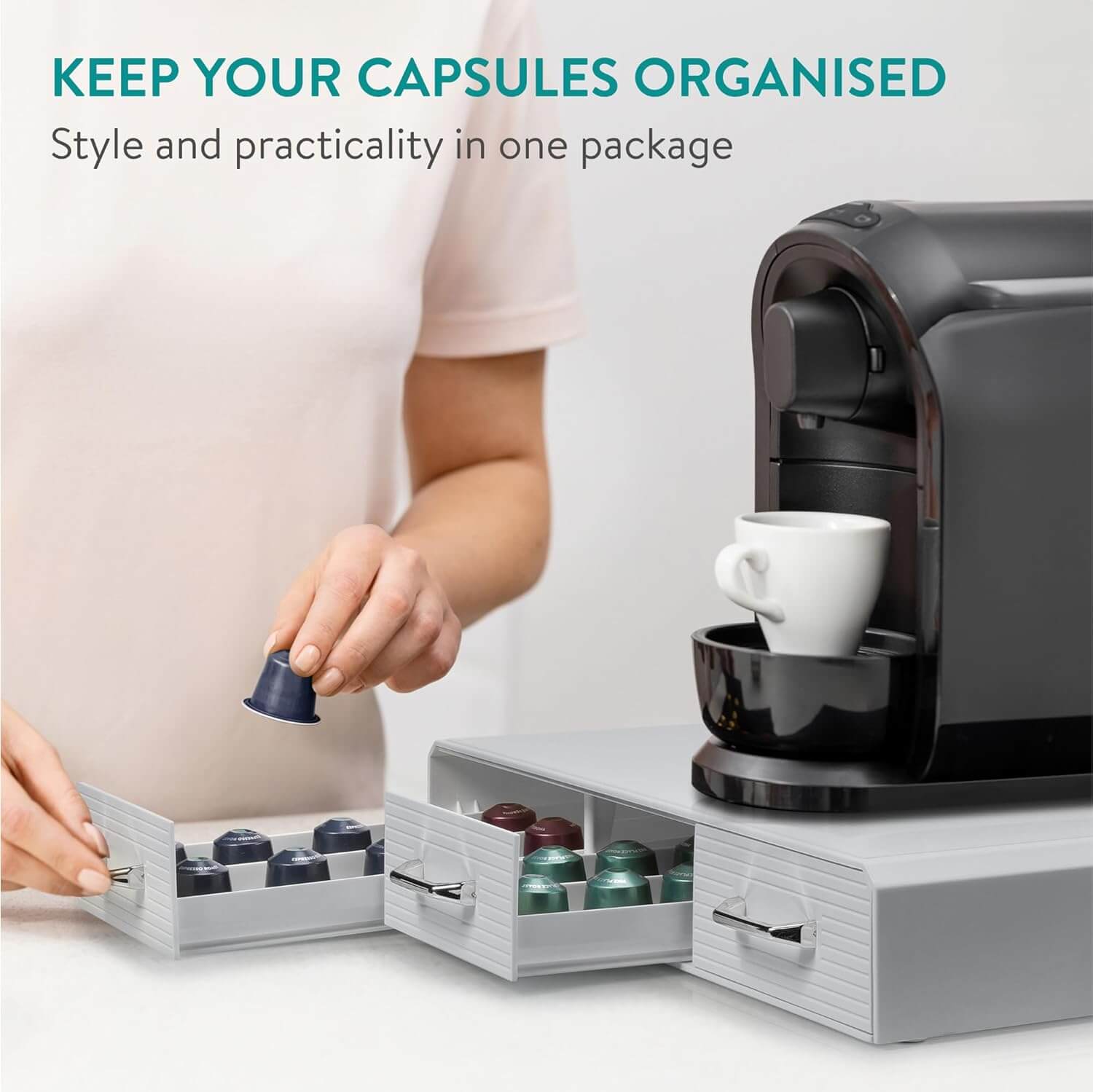 Navaris Capsule Holder - Κουτί Αποθήκευσης με 3 Συρτάρια για Κάψουλες Nespresso / Βάση για Καφετιέρα - Grey