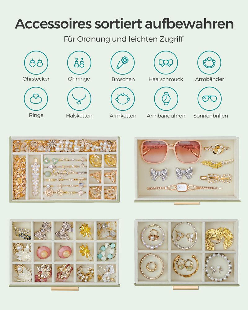 Songmics Φορητό Κουτί Αποθήκευσης Κοσμημάτων με Γυάλινο Καπάκι - Laurel Green / Gold - JBC161C02