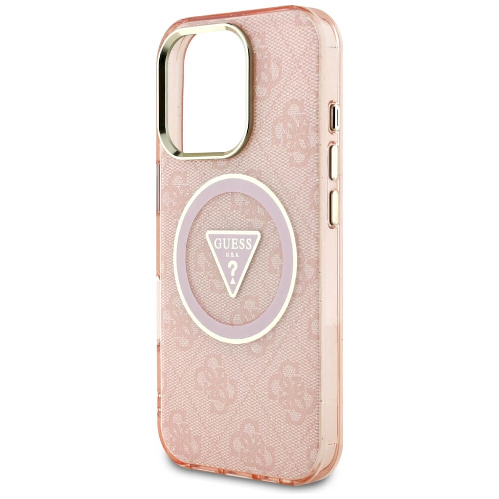 Guess iPhone 16 Pro - IML Metal Glitter 4G Circle Triangle MagSafe - Σκληρή Θήκη με Πλαίσιο Σιλικόνης και MagSafe - Pink - GUHMP16LHG4PRTGP