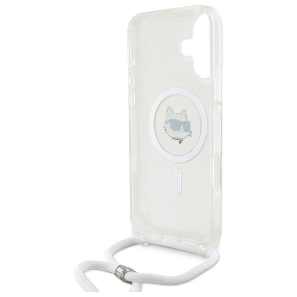 Karl Lagerfeld iPhone 16 - IML Choupette Head and Cord - MagSafe Σκληρή Θήκη με Πλαίσιο Σιλικόνης και Λουράκι - Διάφανη - KLHMP16SHCCHNT