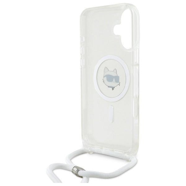 Karl Lagerfeld iPhone 16 - IML Choupette Head and Cord - MagSafe Σκληρή Θήκη με Πλαίσιο Σιλικόνης και Λουράκι - Διάφανη - KLHMP16SHCCHNT
