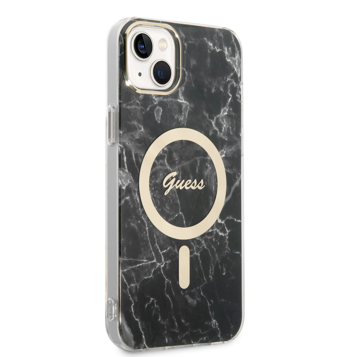 Guess iPhone 15 Plus / 14 Plus - Bundle Pack - Σετ Σκληρή Θήκη με Πλαίσιο Σιλικόνης και Ασύρματος Φορτιστής MagSafe - Design Marble MagSafe - Black - GUBPP14MHMEACSK