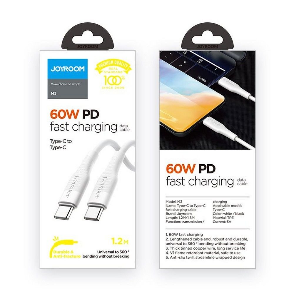 Joyroom S - 1230M3 PD 60W 3A - Καλώδιο Δεδομένων και Φόρτισης Type - C to Type - C 1.2M - White
