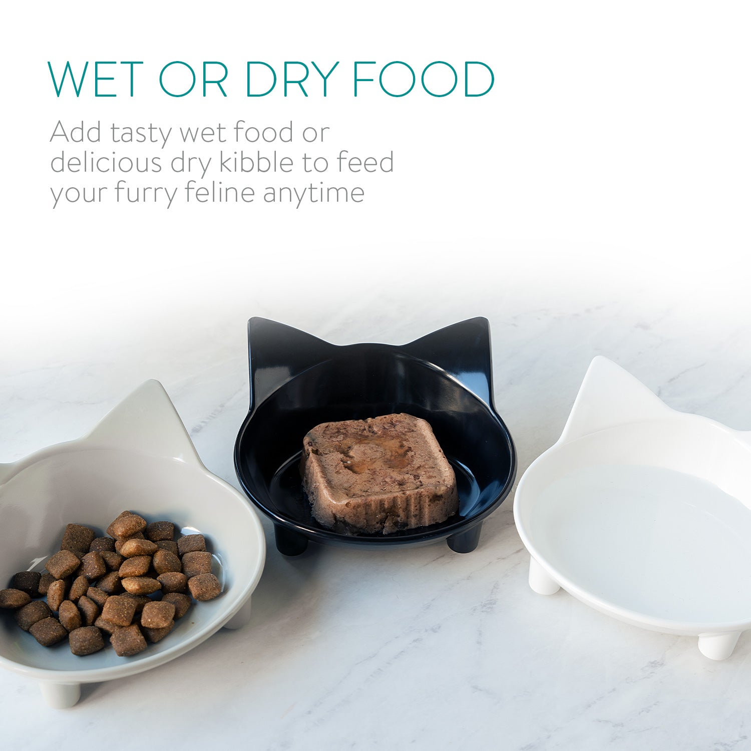 Navaris Cat Bowls with Ears Set of 3 - Σετ με 3 Μπολ Φαγητού και Νερού 210 ml σε Σχήμα Γάτας - Black / Grey / White - 50737.03