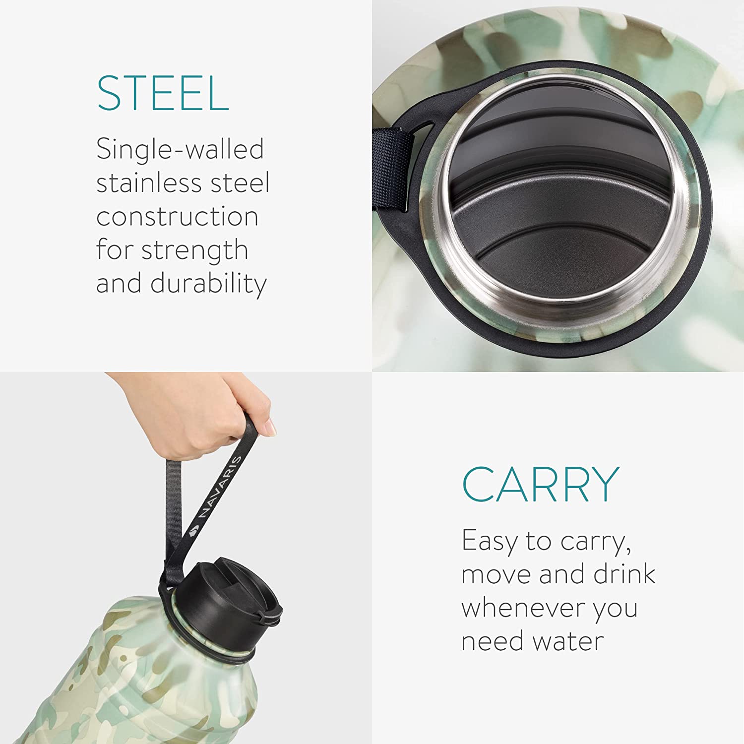 Navaris Μπουκάλι Νερού από Ανοξείδωτο Ατσάλι - BPA Free - 2.2 L - Camouflage - 56010.01