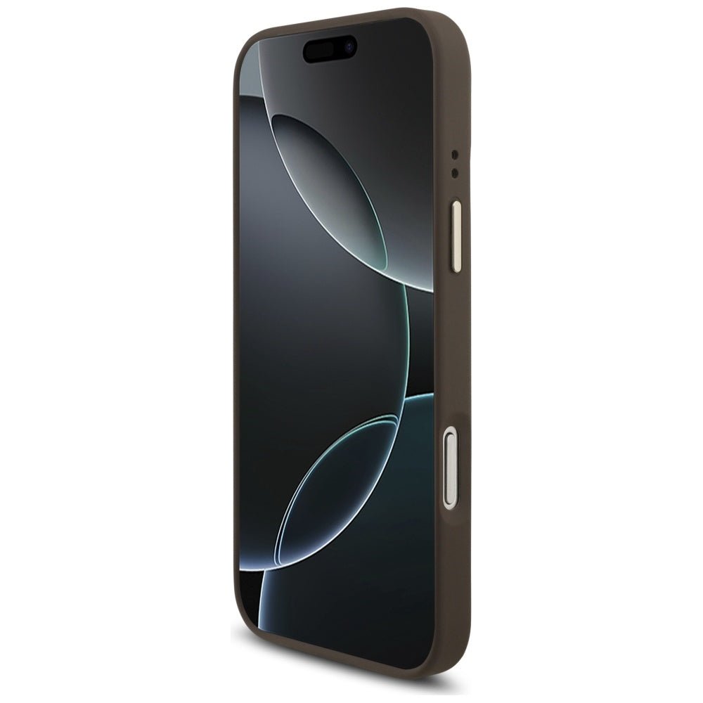Guess iPhone 17 Pro Max - 4G Triangle Strass Logo MagSafe - Σκληρή Θήκη με Επένδυση Συνθετικού Δέρματος - Brown / Gold - GUHMP17XP4GTDGMW