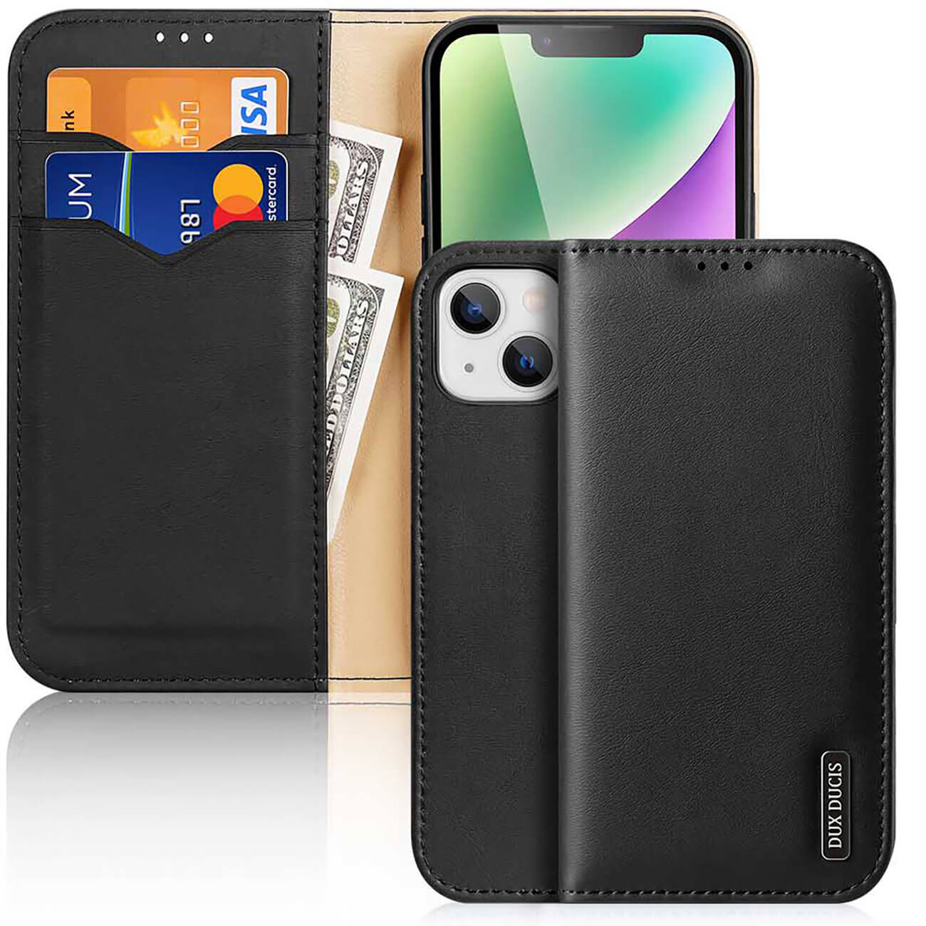 Dux Ducis iPhone 15 Plus Hivo Θήκη Πορτοφόλι Stand από Γνήσιο Δέρμα - Black