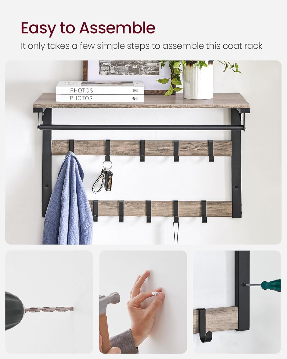 Vasagle Επιτοίχια Κρεμάστρα με Ράφι και 10 Αφαιρούμενους Γάντζους - 65 x 30 x 42 cm - Greige / Black - LCR101B02