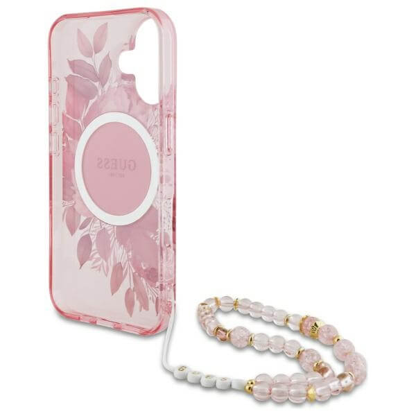 Guess iPhone 16 Plus - IML Flowers With Pearl Strap MagSafe - Σκληρή Θήκη με Πλαίσιο Σιλικόνης και Λουράκι - Pink - GUHMP16MHFWBRCESP