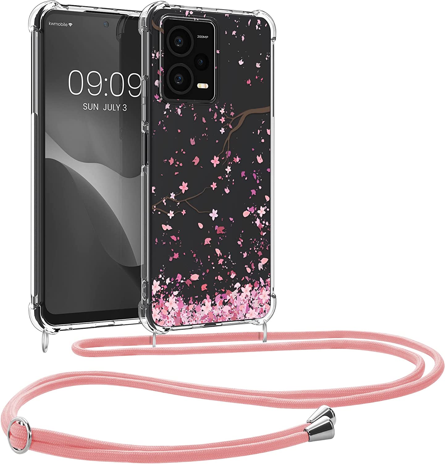 KW Xiaomi Redmi Note 12 Pro+ Θήκη Σιλικόνης TPU με Λουράκι - Design Cherry Blossoms - Pink / Dark Brown / Διάφανη - 60717.01