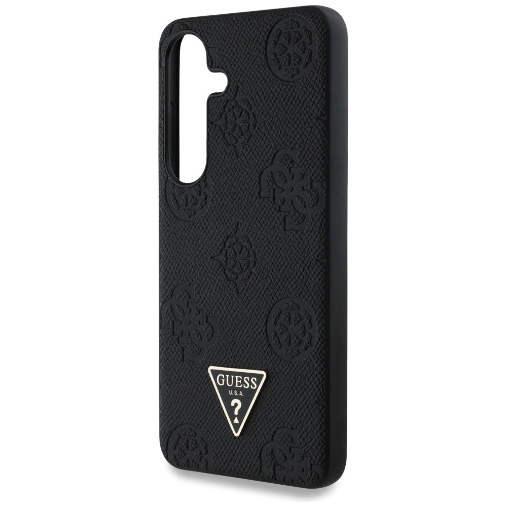 Guess Samsung Galaxy S25 - Grained Hot Stamp Peony Pattern Triangle Logo - MagSafe Σκληρή Θήκη με Πλαίσιο Σιλικόνης και Συνθετικό Δέρμα - Black - GUHMS25SPGBTMK