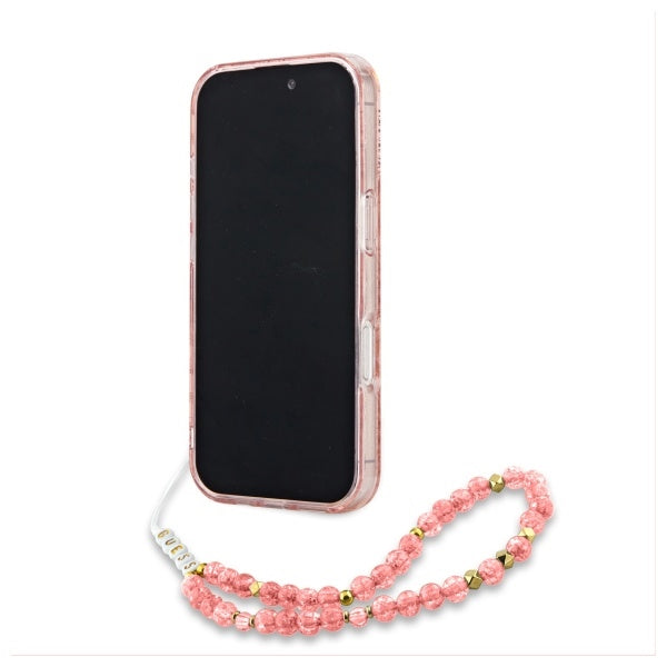 Guess iPhone 16 Pro Max - IML Flowers Allover Electro With Pearl Strap MagSafe - Σκληρή Θήκη με Πλαίσιο Σιλικόνης και Λουράκι - Pink - GUHMP16XHCPOFPP