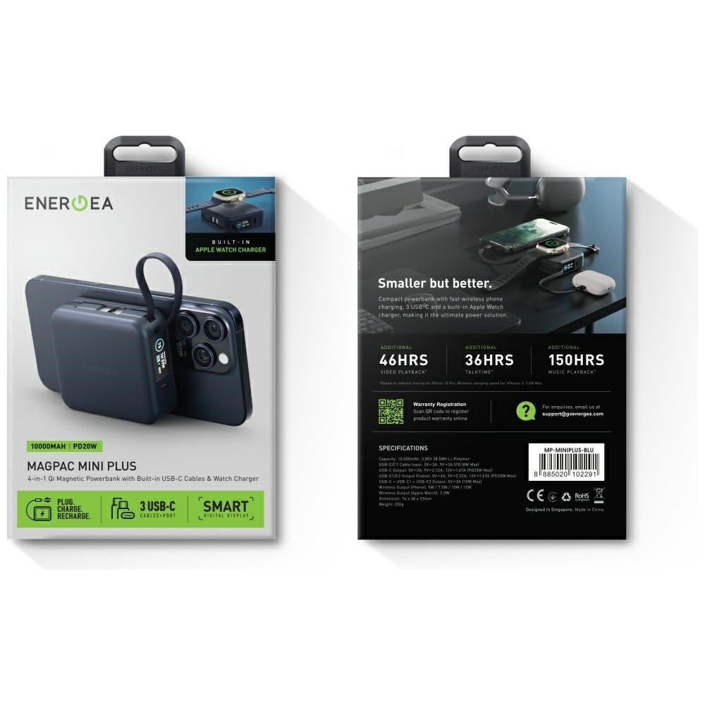 Energea MagPac Mini Plus - Ασύρματο MagSafe PowerBank Κινητού 10000 mAh με 2 Ενσωματωμένα Καλώδια Type - C - Blue