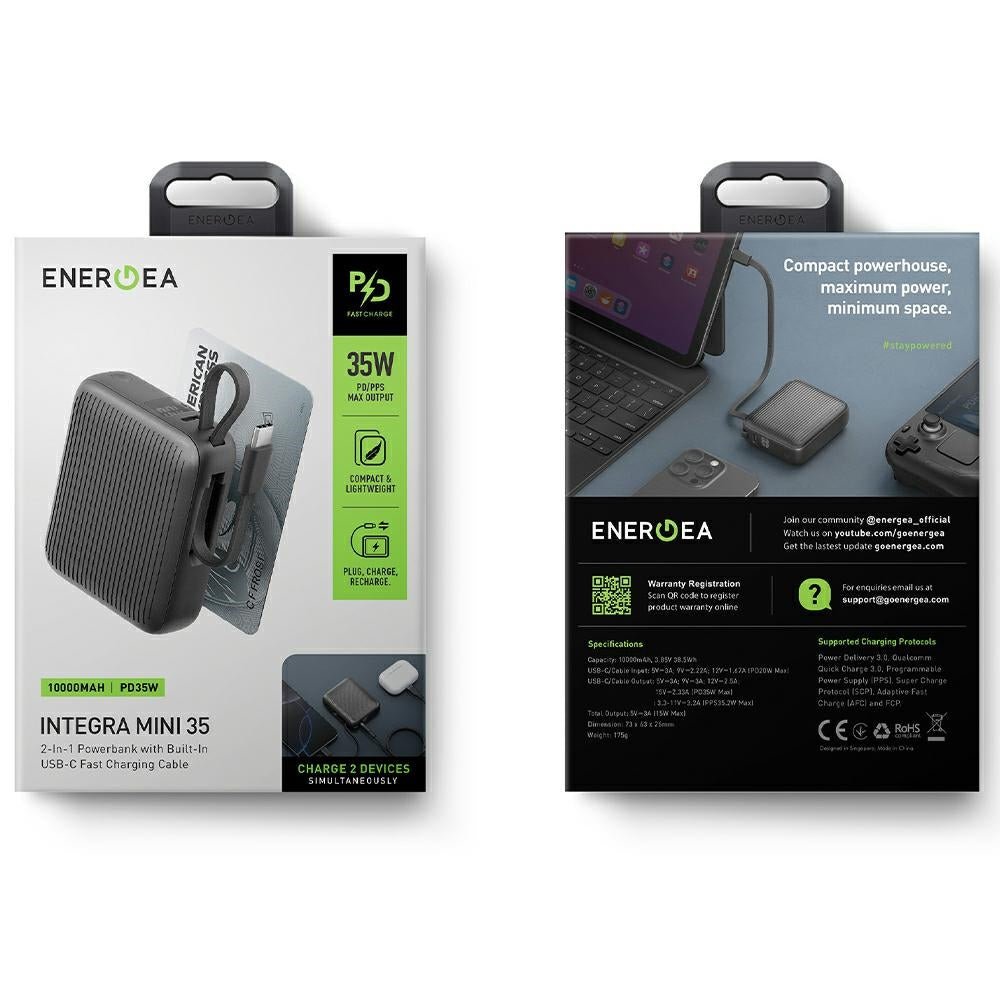 Energea PowerBank 10.000mAh με 1 Θύρα USB - C και Ενσωματωμένο Καλώδιο Type - C - Integra Mini 35 PD35W - Grey