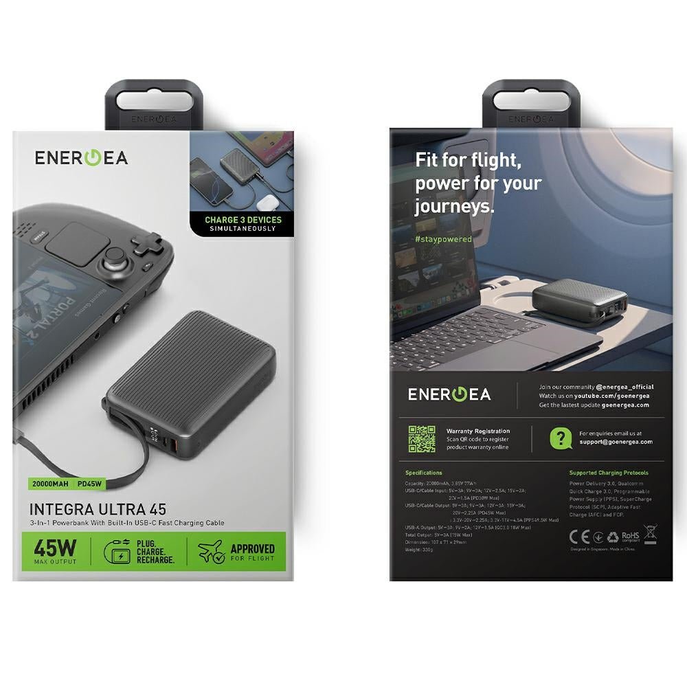 Energea PowerBank 20.000mAh με 1 Θύρα USB - C και 1 Θύρα USB και Ενσωματωμένο Καλώδιο Type - C - Integra Ultra 45 PD45W - Grey