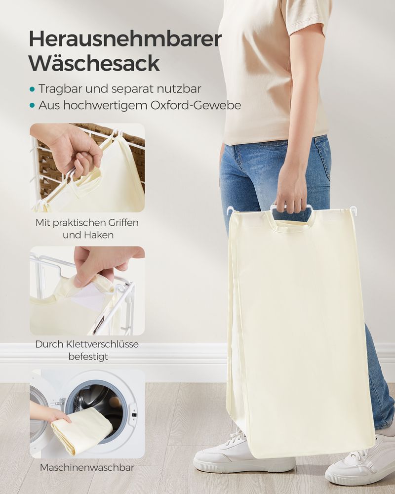 Songmics Τροχήλατο Αναδιπλούμενο Καλάθι Απλύτων με Καπάκι - 90L - Natural Beige / Cream White - LCB290N01