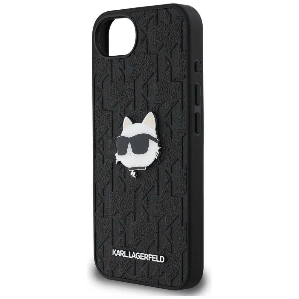 Karl Lagerfeld iPhone 16e - Monogram Choupette Head Pin Σκληρή Θήκη με Επένδυση Συνθετικού Δέρματος - Black - KLHCPSE4PGKLCHPK