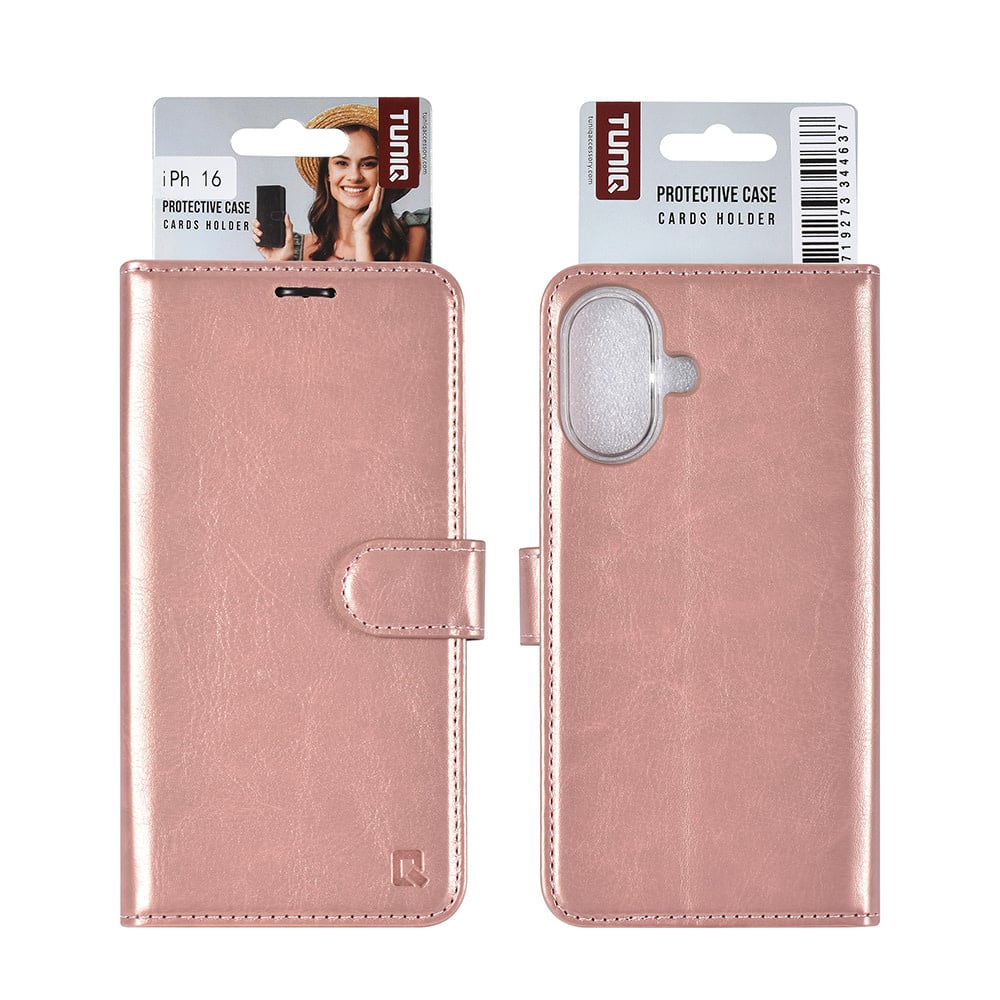 Tuniq iPhone 16 - Θήκη Πορτοφόλι Stand από Δερματίνη - Rose Gold