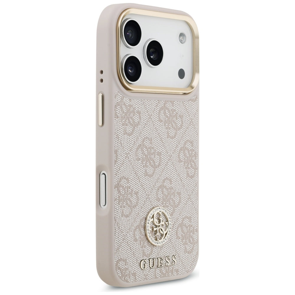 Guess iPhone 17 Pro - 4G Strass Logo and Big Strap Metal Buttons MagSafe - Θήκη με Επένδυση Συνθετικού Δέρματος και Λουράκι - Pink - GUHMP17LP4G4DCSP