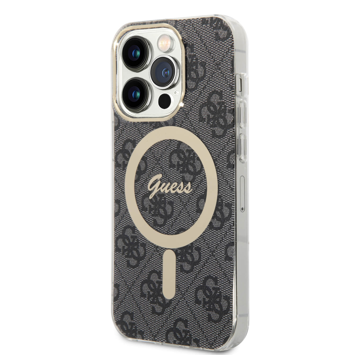 Guess iPhone 14 Pro Max - Bundle Pack MagSafe - Σετ Σκληρή Θήκη με Πλαίσιο Σιλικόνης και Ασύρματος Φορτιστής MagSafe - Design 4G and Gold - Black - GUBPP14XH4EACSK