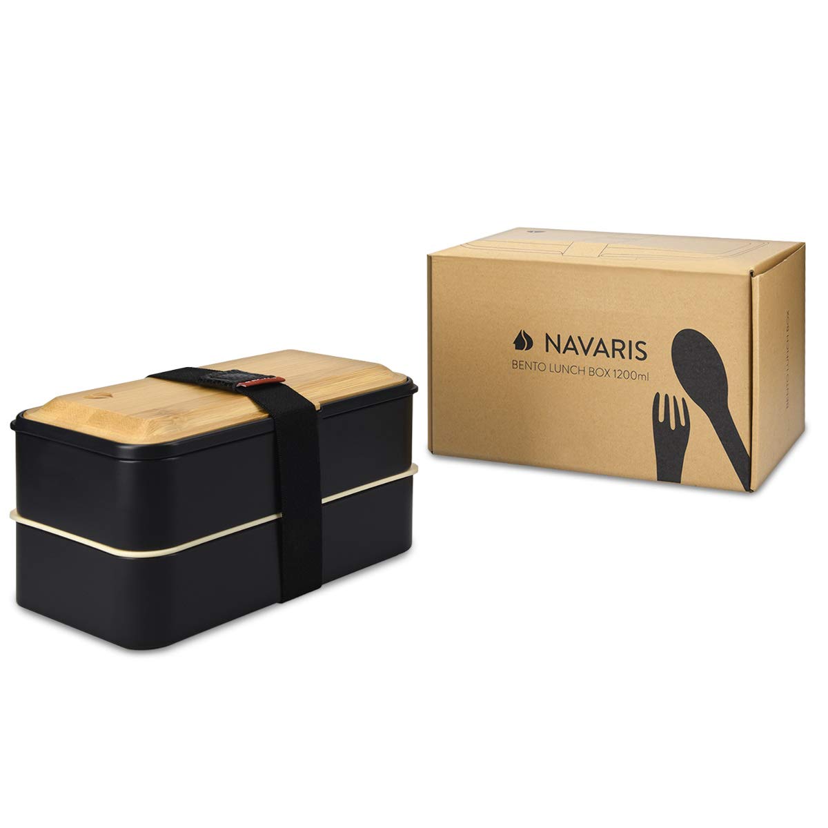 Navaris Bento Box Set Δύο Δοχεία Φαγητού με Μαχαιροπίρουνα και Καπάκι από Μπαμπού - 1.2L - Black - 47407.01.01