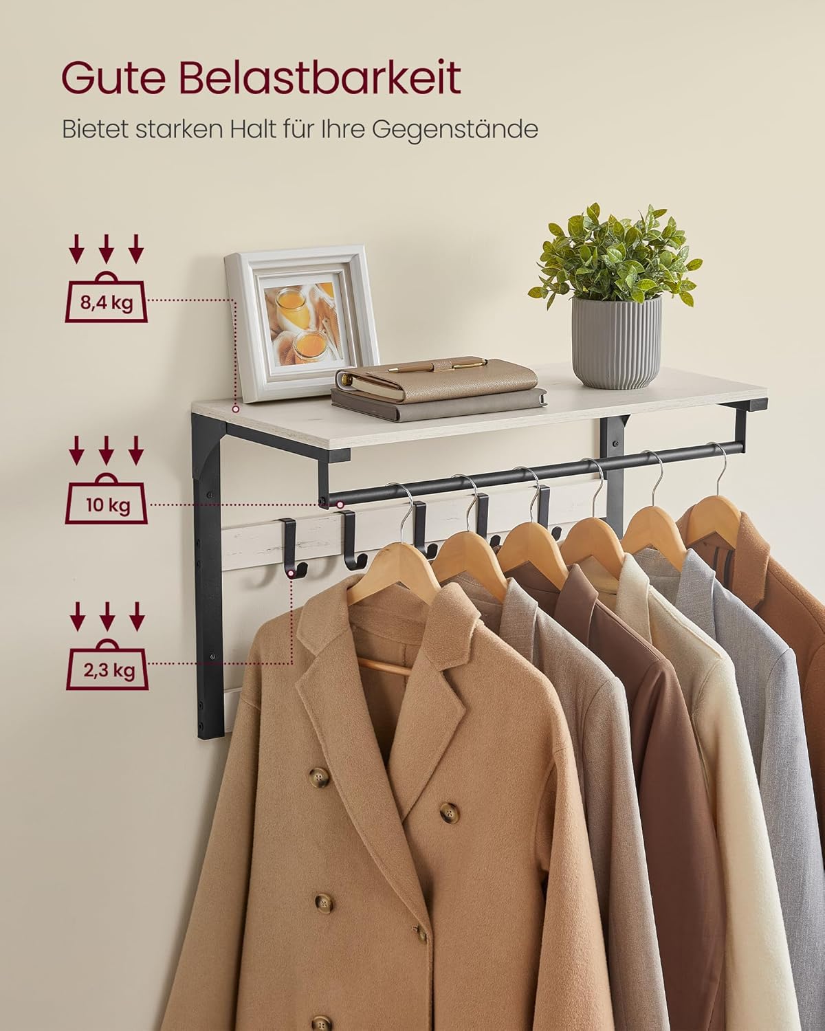 Vasagle Επιτοίχια Κρεμάστρα με 10 Αφαιρούμενους Γάντζους - 65 x 30 x 42 cm - Vintage White / Black - LCR101W03