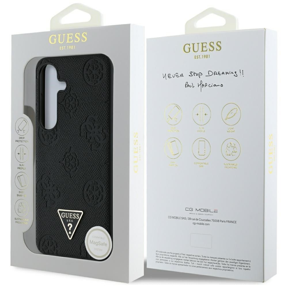 Guess Samsung Galaxy S25 - Grained Hot Stamp Peony Pattern Triangle Logo - MagSafe Σκληρή Θήκη με Πλαίσιο Σιλικόνης και Συνθετικό Δέρμα - Black - GUHMS25SPGBTMK
