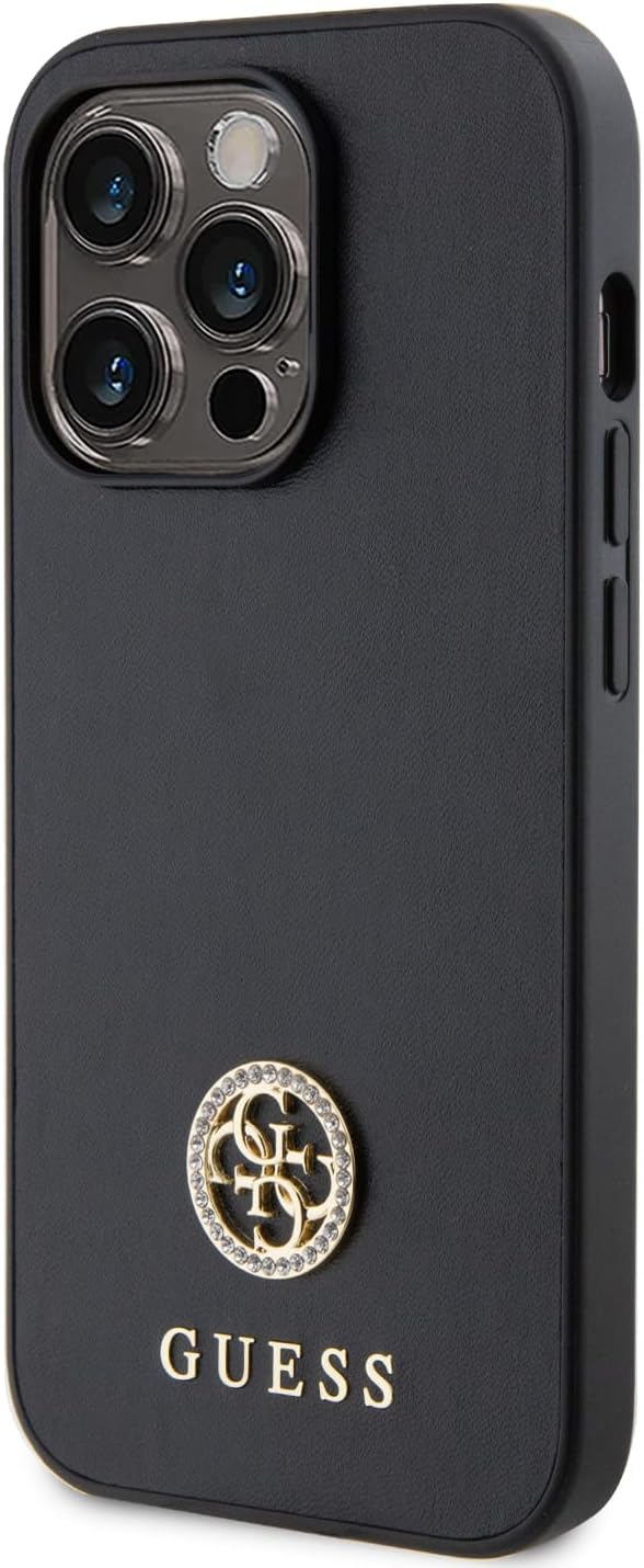 Guess iPhone 15 Pro 4G Strass Metal Logo Θήκη με Επένδυση Συνθετικού Δέρματος - Black - GUHCP15LPS4DGPK