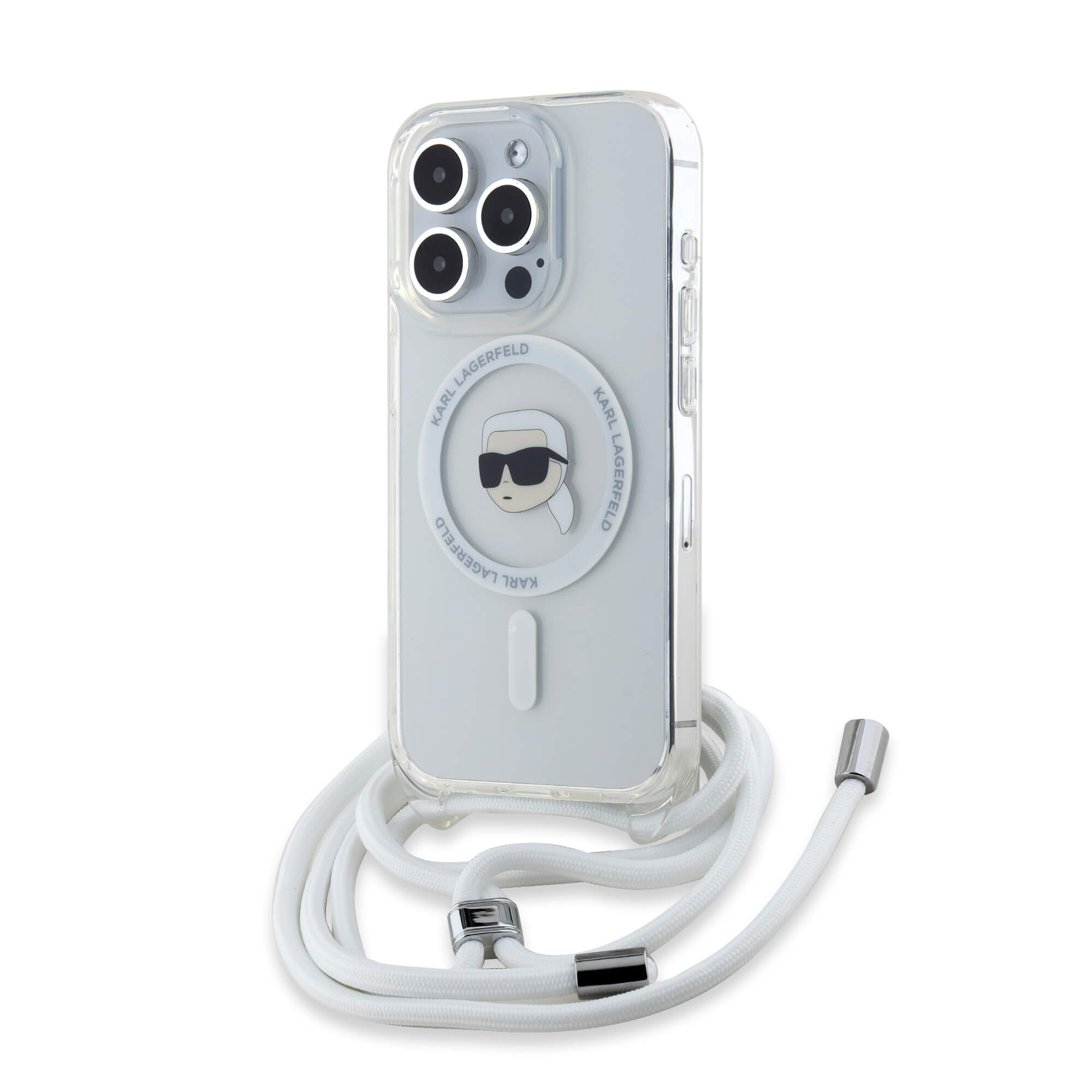 Karl Lagerfeld iPhone 15 Pro - Crossbody IML Karl Head - MagSafe Σκληρή Θήκη με Πλαίσιο Σιλικόνης και Λουράκι - Διάφανη - KLHMP15LHCKHNT