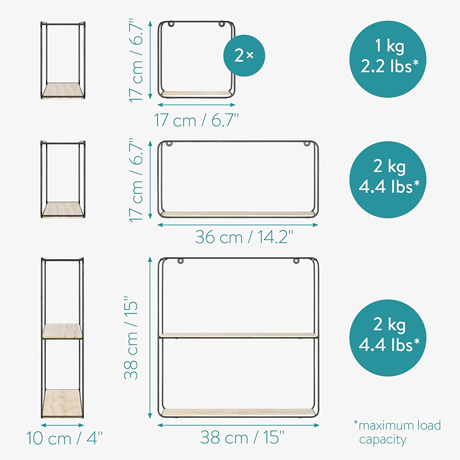 Navaris Σετ με 4 Ξύλινα Ράφια Τοίχου με Μεταλλική Βάση - Light Brown / Black - 55123.04