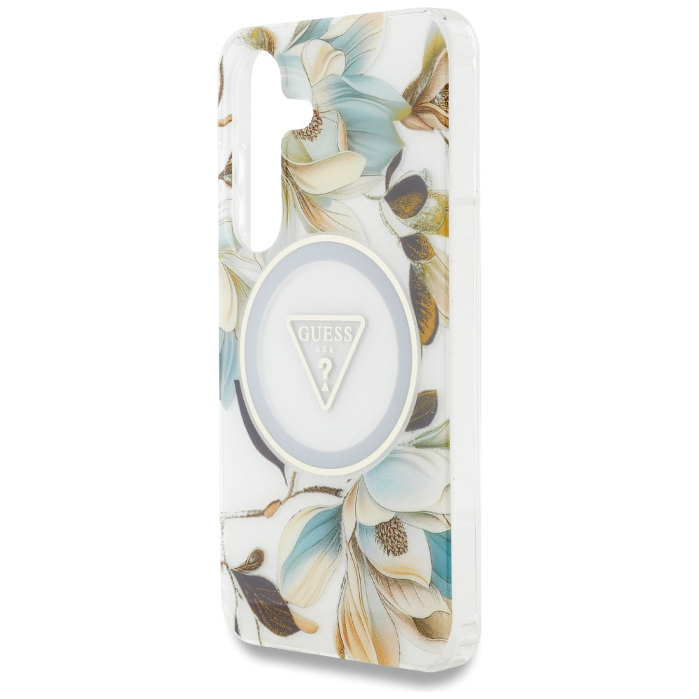 Guess Samsung Galaxy S25 - Glitter Flowers Triangle Buttons MagSafe - Σκληρή Θήκη με Πλαίσιο Σιλικόνης - White - GUHMS25SHFLPEDH