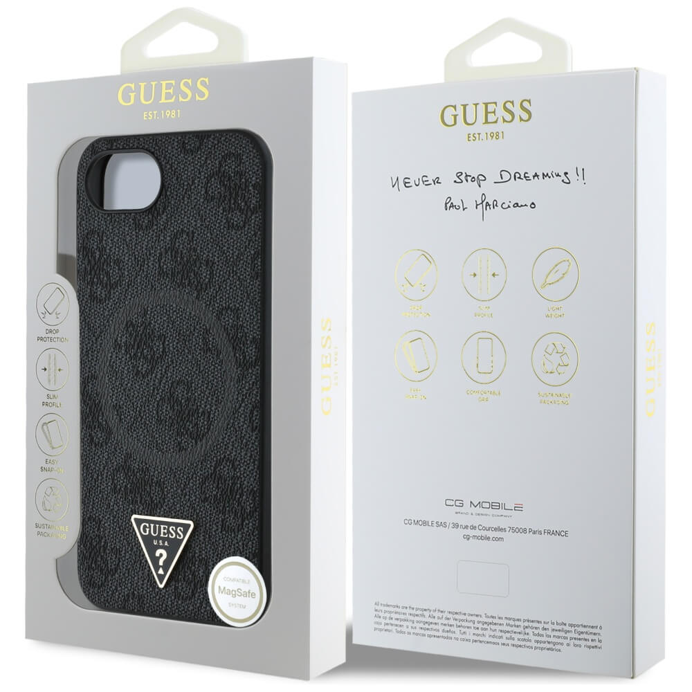 Guess iPhone 16e - 4G Ring Triangle Logo - MagSafe Θήκη με Επένδυση Συνθετικού Δέρματος - Black - GUHMPSE4P4TDPK