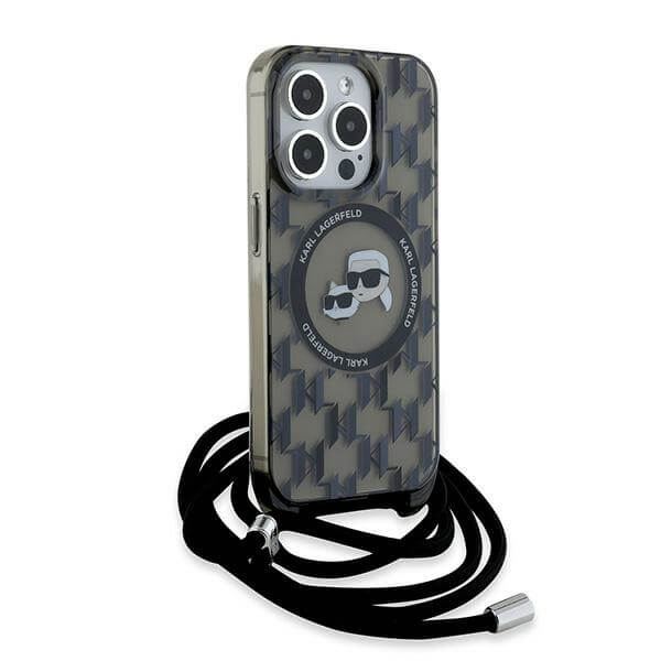 Karl Lagerfeld iPhone 15 Pro Max - IML Crossbody Monogram Karl and Choupette Head - MagSafe Σκληρή Θήκη με Πλαίσιο Σιλικόνης και Λουράκι - Black - KLHMP15XHCKCKLCK