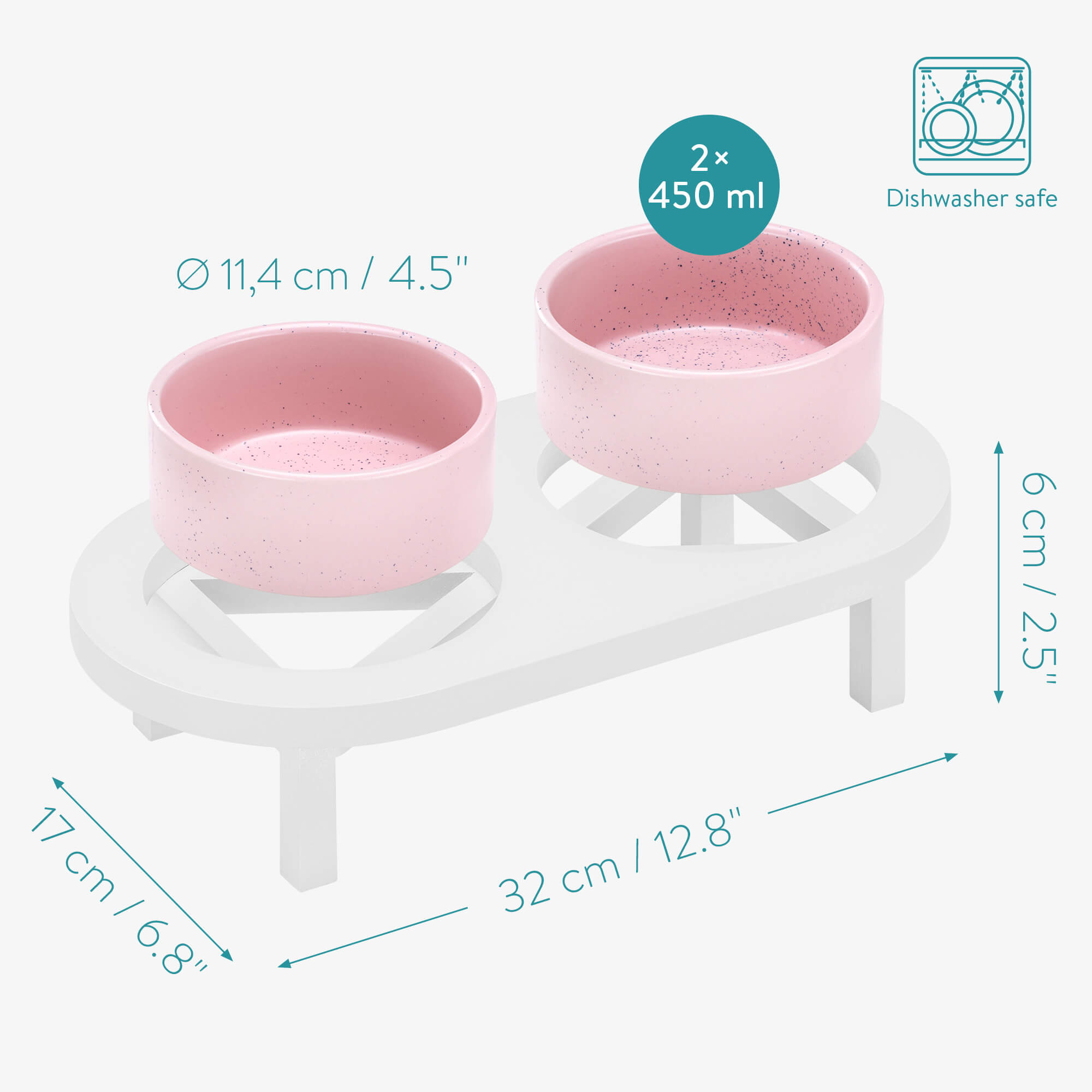 Navaris Ανυψωμένα Κεραμικά Μπολ Φαγητού με Ξύλινη Βάση για Κατοικίδια - 450ml - Pink - 56253.08