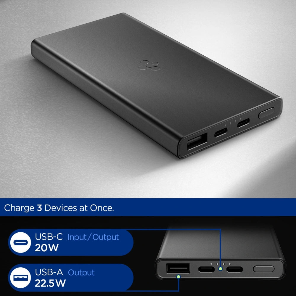 Spigen Essentail EA2210 PowerBank 10000mAh 22.5W με 1 Θύρα Type-C και 1 Θύρα USB και Καλώδιο Type-C to Type-C - Black