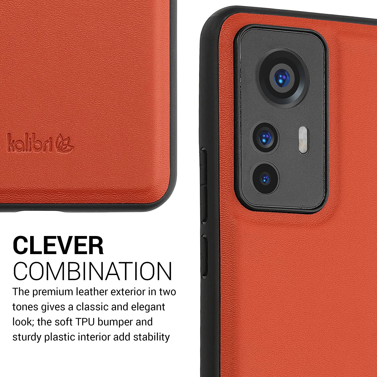 Kalibri Xiaomi 12T / 12T Pro Σκληρή Θήκη με Επένδυση Γνήσιου Δέρματος και Πλαίσιο Σιλικόνης - Orange - 60259.29