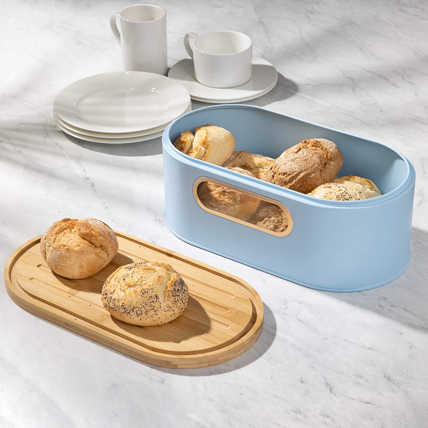 Navaris Bread Bin with Bamboo Lid Δοχείο Αποθήκευσης Ψωμιού με Καπάκι από Μπαμπού - Blue / Bamboo - 50595.02