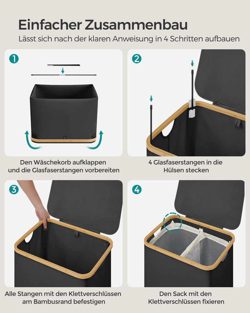 Songmics Καλάθι Απλύτων 2 Διαμερισμάτων με Καπάκι και 2 Αποσπώμενους Εσωτερικούς Σάκους - 130L - Ink Black - LCB513B01