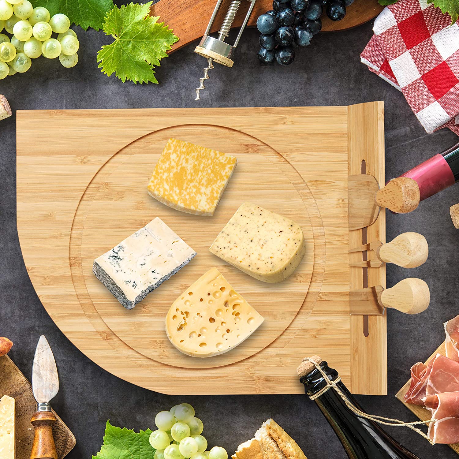 Relaxdays Δίσκος για Τυριά από Μπαμπού με Καπάκι και Αξεσουάρ Κοπής - Natural - 4052025261221