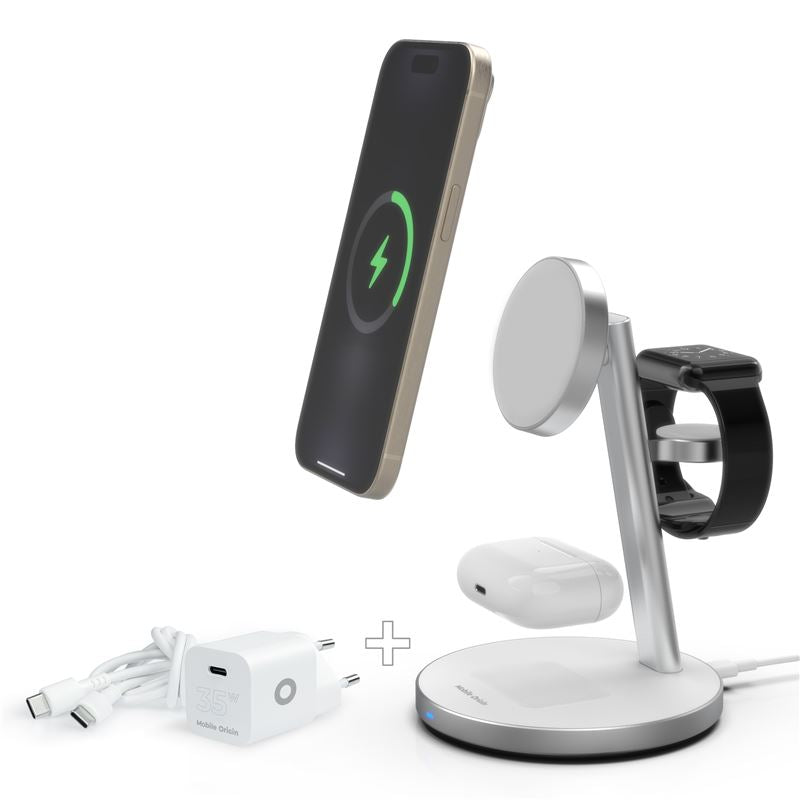 Mobile Origin Qi2 PowerStand 3in1 Ασύρματος Μαγνητικός Φορτιστής MagSafe με Αντάπτορα GAN 35W - White / Silver