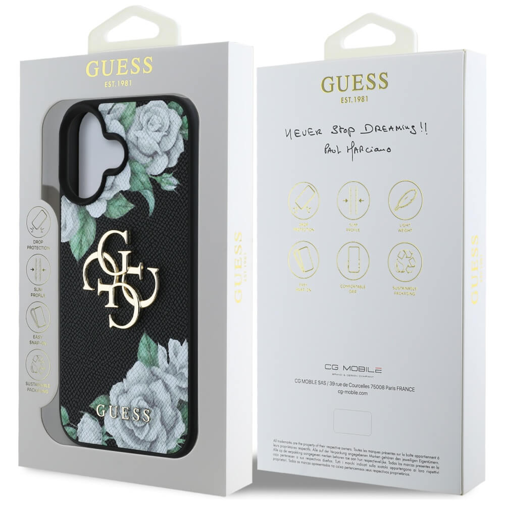 Guess iPhone 16 - Grained Roses Big 4G Logo - Σκληρή Θήκη με Επένδυση από Οικολογικό Δέρμα - Black - GUHCP16SPGROP4MK