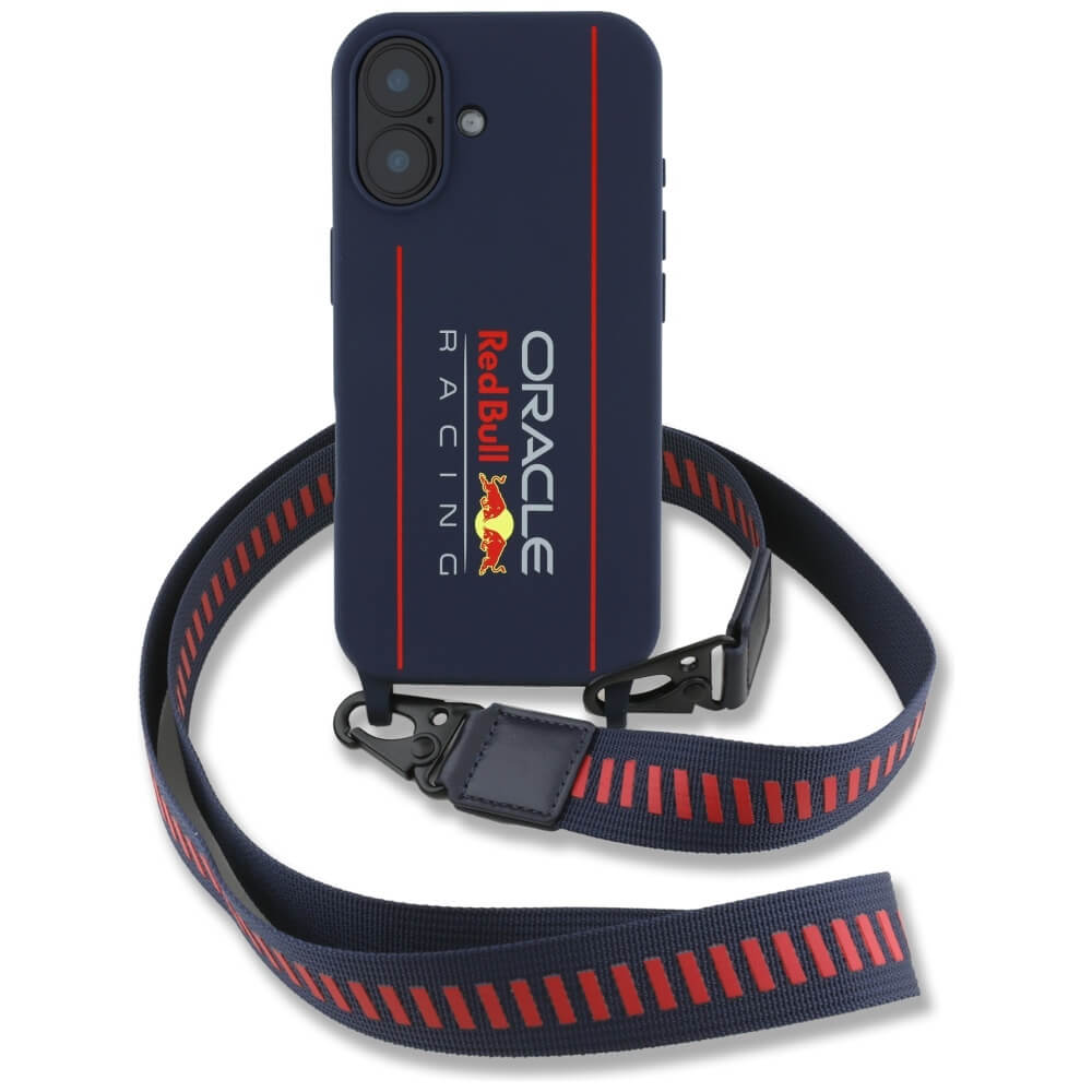 Red Bull iPhone 16 - Silicone Strap and Vertical Logo - MagSafe Σκληρή Θήκη με Πλαίσιο Σιλικόνης και Λουράκι - Navy Blue - RBHMP16S24SISOLRV