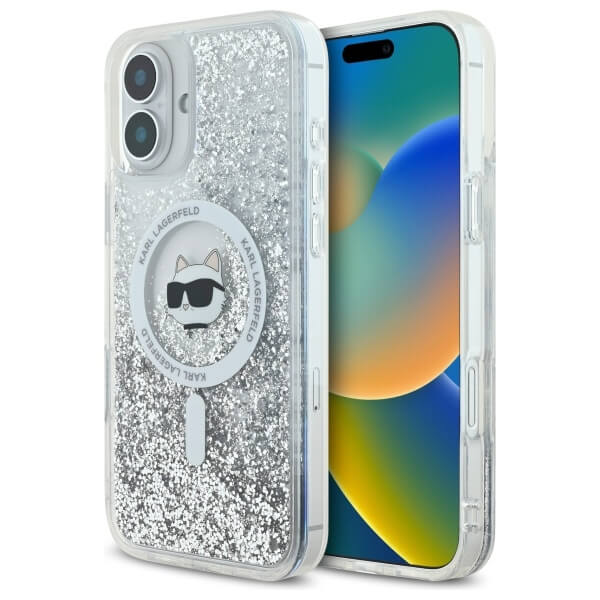 Karl Lagerfeld iPhone 16 - Liquid Glitter Choupette Head MagSafe - Σκληρή Θήκη με Πλαίσιο Σιλικόνης - Διάφανη - KLHMP16SLGCHSGH